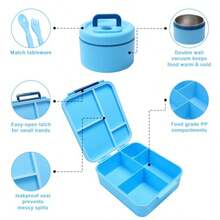 Lonchera Niño Bento Lunch Box con 4 Compartimentos y Cubiertos 1700ml Loncheras para Niño con Termo Fiambrera para Niños Adultos - Azul - Ver 5
