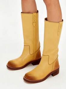 Women's Campus Knee High Boots Square Toe Riding Boots Vintage Pull On Riding Boots Wide Calf Boots Chunky Block Low Heel Motorcycle Boots - Yellow - View 2