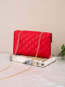 Rhombus Chain Crossbody Bag, Rhombus Pattern Shoulder Bag, Fashionable Flap Chain Crossbody Bag For Women - Red - View 4