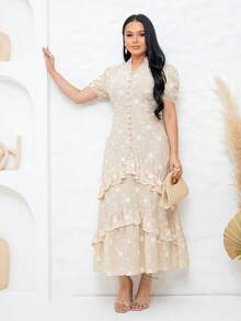 Women's Maxi Dress With Embroidered Appliqués, Puff Sleeves, Layered Skirt, V-Neck, Faux Buttons On The Bust, Elegant, Romantic And Perfect. - 米色 - 查看 11