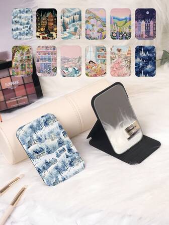 1pc Portable Folding Vanity Mirror, Lightweight & Slim, Durable PU Leather, Suitable For Various Occasions, Pocket Mirror