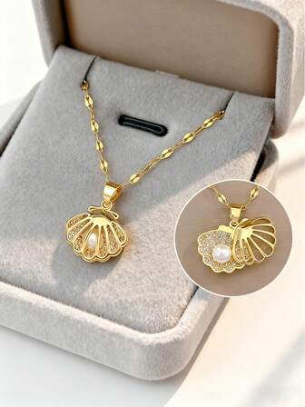 1pc Elegant Personalized Shell Necklace, Stainless Steel Micro-Inlaid Artificial Faux Pearl Pendant Necklace