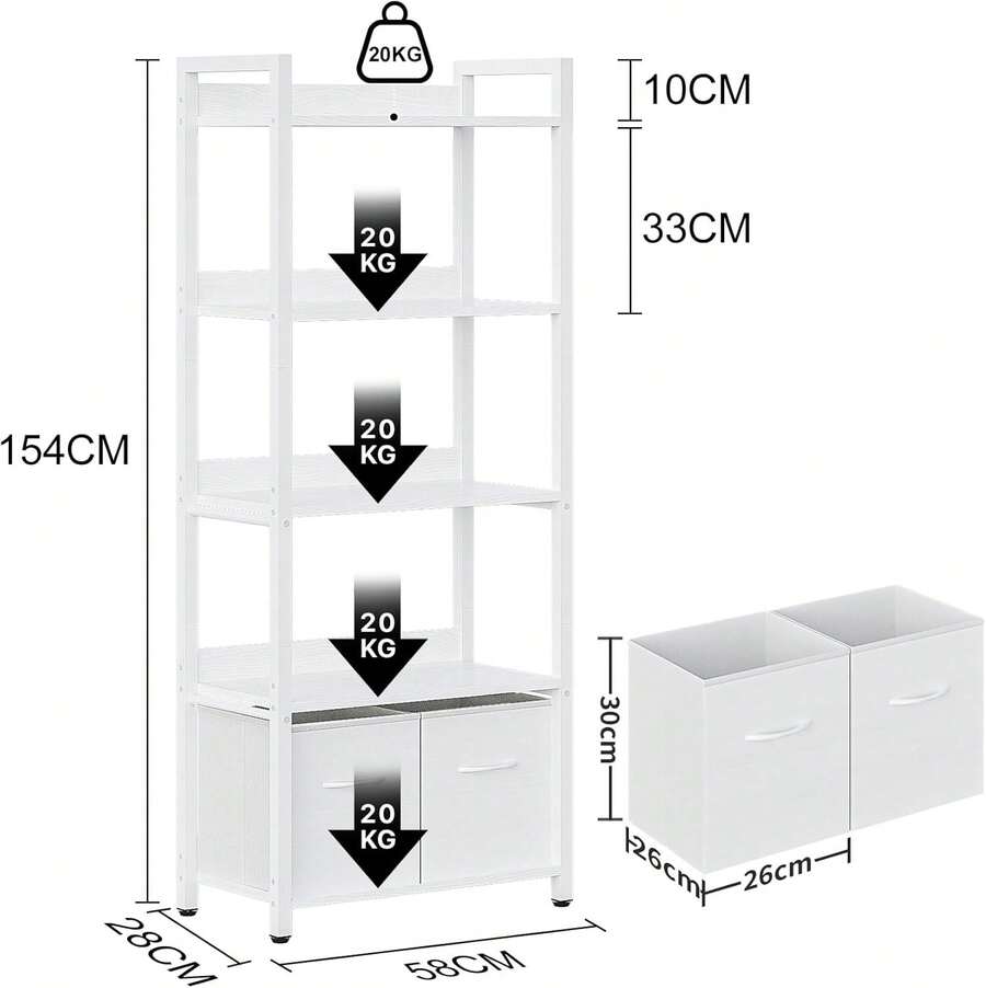 Librero de 5 Capas,Estante de 5 Niveles con Respaldo semicerrado,155CM Librero Minimalista,Cajón de Tela librero Organizador,Adecuado para Dormitorio y Sala de Estar(Blanco) - Blanco - Ver 1