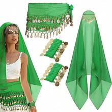 4pcs Belly Dance Set, Including Chiffon Hip Scarf, Headscarf, Bracelets And Other Dance Accessories, Coin Included - Multicolor - View 13