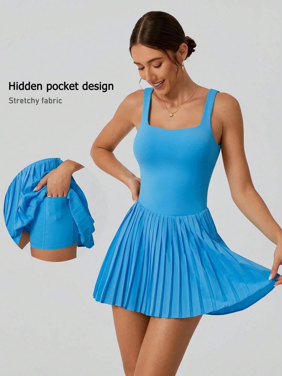 NcmRyu 1 Set Women's Fashion Anti-Flashing Safety Shorts With Waist Cinching, Hollow-Out Back, And Pleated Skirt Hem Athletic Dress - Lake Blue - View 1