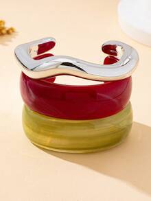 Women's Bracelet Set, Fashionable Asymmetrical Geometric Open Bangle Bracelet Set, Suitable For Daily Wear - Rose Red, Green, Silver - View 1