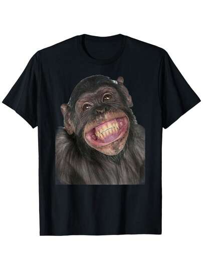 Camiseta gráfica humorística de mono sonriente para hombres y mujeres - 100% algodón, camiseta casual de cuello redondo, lavable a máquina, tallas S-XXL, negra - regalo divertido para papá, mamá, amigos, regalos de mono, ropa unisex, diseño juguetón, impresión duradera