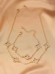 2pcs Fashionable & Elegant High-End Hollow Metallic Four-Leaf Clover Pendant Necklace & Bracelet Set, Suitable For Teenage Girls Everyday And Holiday Wear - Gold - View 3