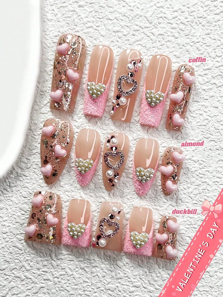 10片装可爱法式美甲贴纸套装,亚克力美甲套装,白色水晶爱心镶嵌,搭配粉色镂空水晶爱心美甲配件,闪亮银色亮片和糖粉美甲装饰,三种尺寸可选:杏仁形、鸭嘴形、棺材形,包含工具包,适合女性和女孩,可用于派对、活动、日常美甲,手工按压式美甲贴片 - 彩色 - 查看 1