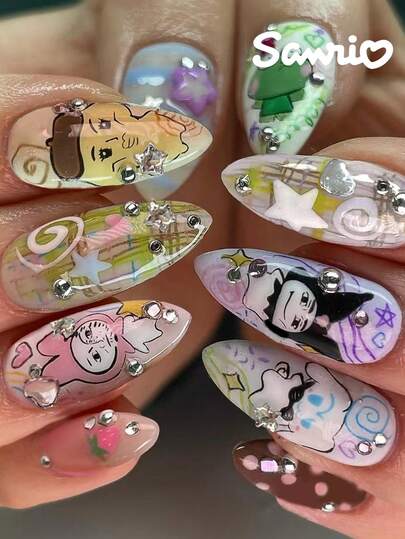  24pcs Y2K Almond-Shaped 3D Sanrio Hello Kitty, My Melody, Cinnamon Roll Decorative French Manicure Nail Stickers, Featuring Hearts & Rhinestones, Abstract Art Style, Fits Acrylic Nail Sets, Includes 1 Gel Polish & 1 Nail File, Suitable For Women & Girls Daily & Party Use