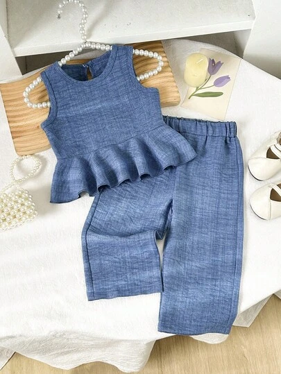 Conjunto de top sin mangas de unicolor con dobladillo de cola de sirena + pantalones rectos casuales para niñas bebé