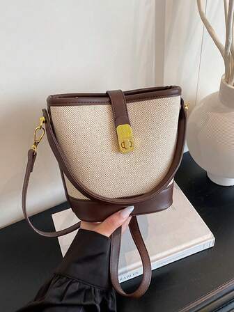 1 pieza Bolso tipo cubo con bloqueo de color, parches y hebilla decorativa, con correa de hombro desmontable, adecuado para uso diario y viajes de mujeres