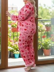 Women Pajama Set, Heart Print Long Sleeve Top With Pants Sleepwear Loungewear For Valentines Day - Pink - View 7