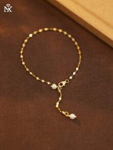 SYMFNY 1pc 925 Silver Bead Pendant Wavy Chain Bracelet - Yellow Gold - View 4