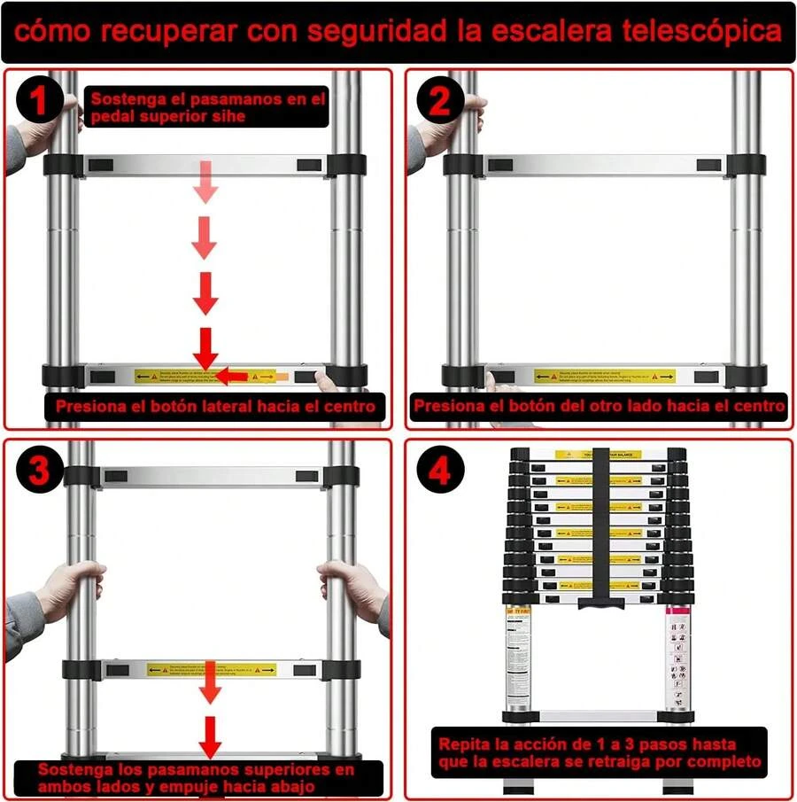 Escalera Telescópica de 2.9 Metros, Escalera de Telescópica de Aluminio Soporta 150 kg, Plegable De retracción Multiusos Extensible Compacta y Portátil De Escalón - 2,9 millones - Ver 1
