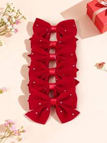6pcs/Set Teen' Red Rhinestone Bow Hair Clips, Gift Choice For Valentine's Day - Multicolor - View 3