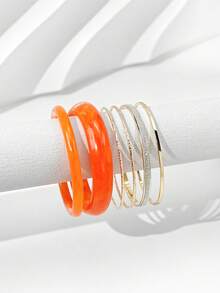 Set de 6 piezas de pulseras minimalistas de metal y resina de moda para mujer, aptas para uso diario - Naranja - Ver 2
