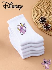 1 Pair/5 Pairs/10 Pairs Women's Mid-Calf Socks - Disney Stitch Pattern, Couple Mid-Calf Socks, Solid White Sports Mid-Calf Socks, Versatile Style, Suitable For Daily Wear And As Holiday Gifts - Multicolor - View 4