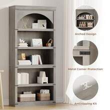 Estantería arqueada con 5 estantes de 174,5 cm de Alto, estantería Curvada de Madera para hogar, Oficina, Sala de Estar, Gris - Gris - Ver 2