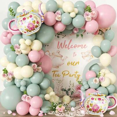 119pcs Tea Party Themed Balloon Arch Set, Includes Teapot Foil Balloon And Green, Pink, And Colored Latex Balloons. Perfect For Birthday Parties, Gatherings, Bachelor/Bachelorette Parties, And Afternoon Tea-Themed Party Decorations.