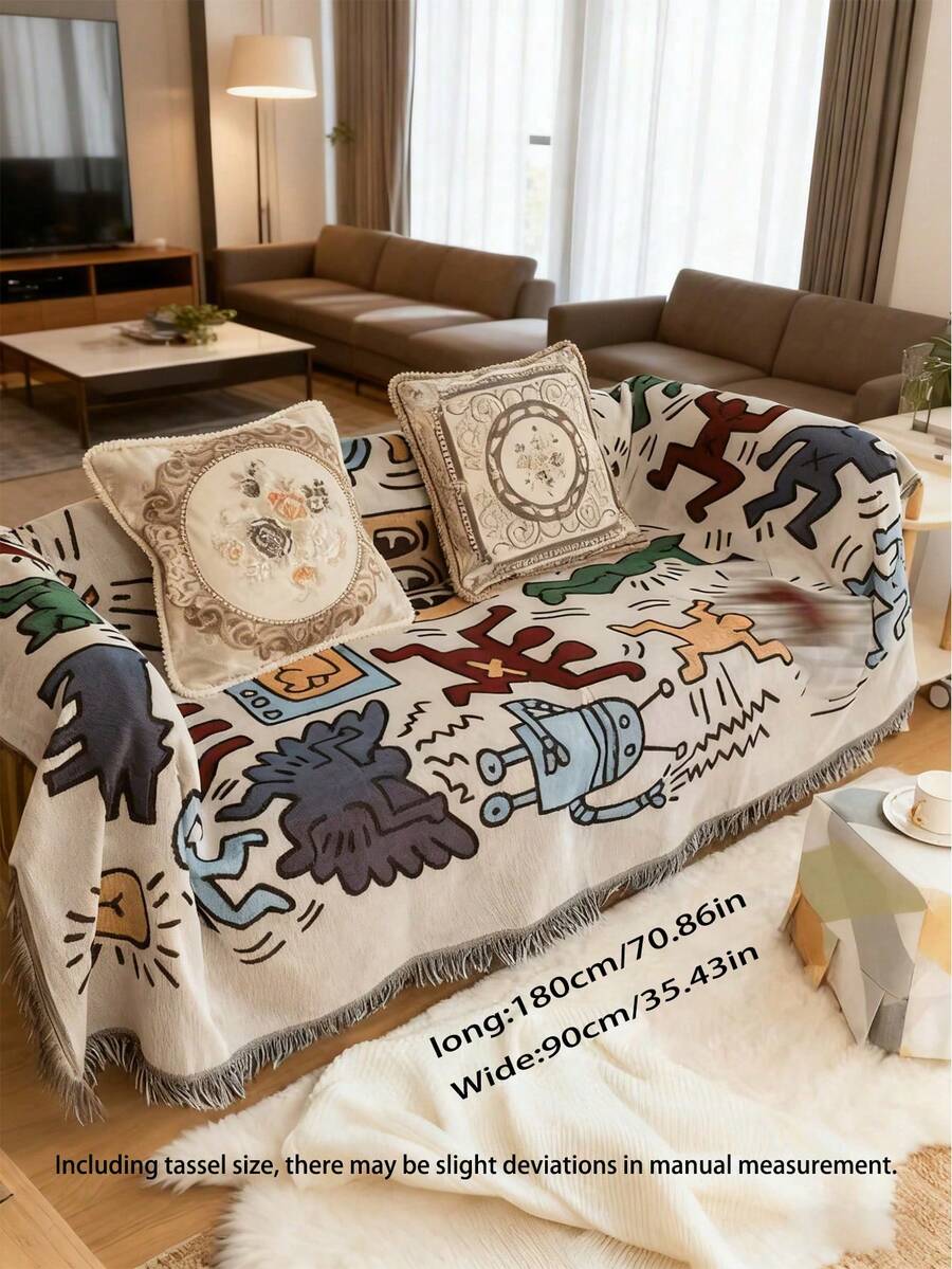 Bohemian Style Keith Haring Graffiti Blanket, Soft Cotton Woven Blanket With Tassels, Modern Art Decorative Blanket For Living Room & Bedroom - A - View 1