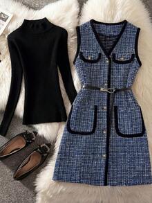 女士时尚无袖格子外套，采用春季格子设计，配有腰带和前扣，适合派对、节日、休闲外出和度假。 - 藏蓝色 - 查看 2