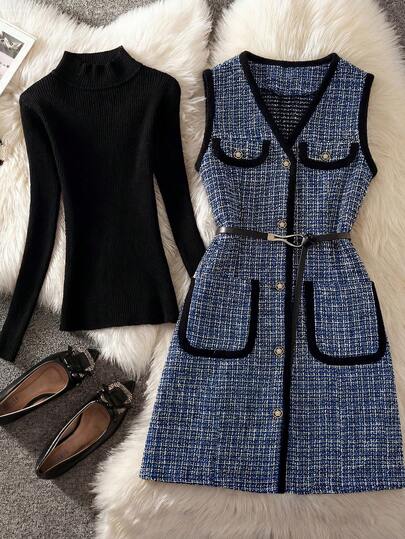 Esta elegante chaqueta sin mangas presenta un patrón de pata de gallo, diseñada específicamente para mujeres. Con un cinturón y cierre delantero de botones, es una opción ideal para fiestas, vacaciones, salidas casuales y vacaciones.