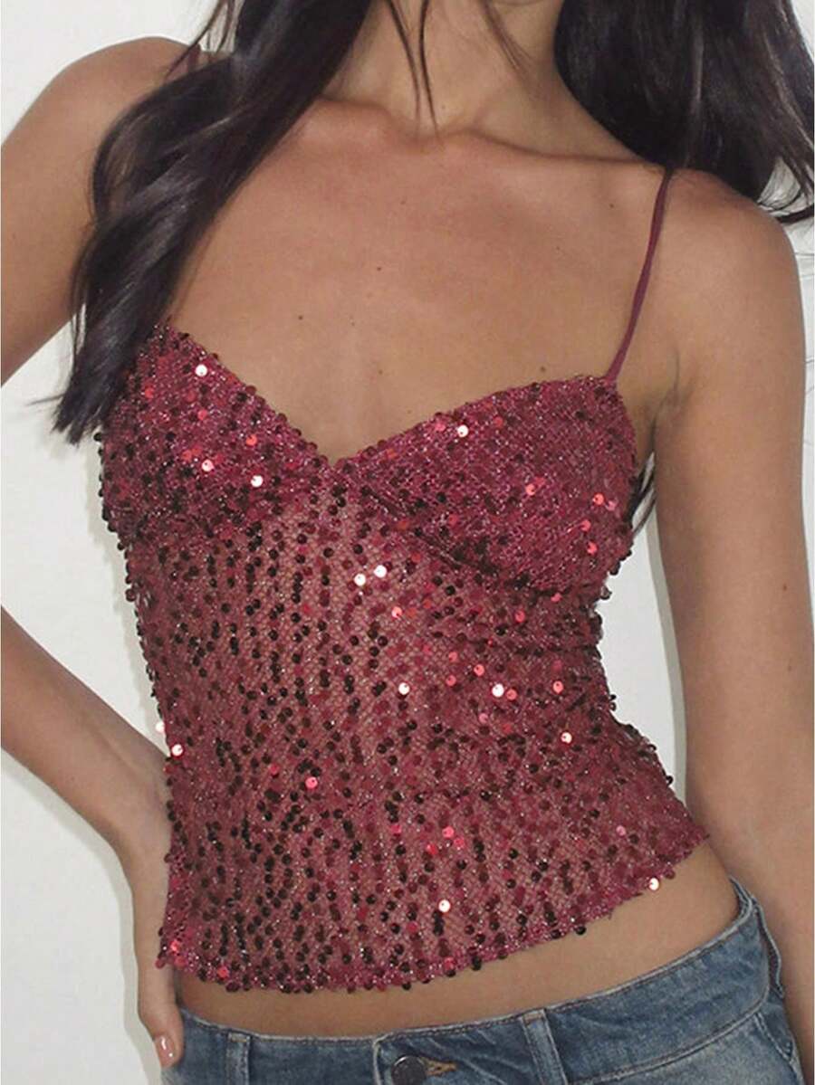 Women's Summer Sequined Camisoles Spaghetti Strap Stylish Sparkly V Neck Crop Tank Tops - Màu Đỏ Sâu - Xem 1
