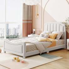 Kinderbett Polsterbett 90*200cm Schlafsofa Bettgestell Flanell Multifunktionsweichbett mit Rückenlehne Armlehne Eltern-Kind-Bett Jugendbett Gästebett Beige - Bianco - Visualizzare 3