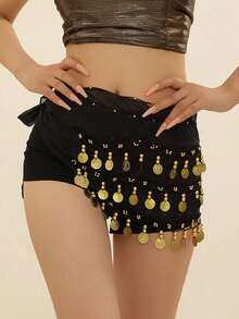 1 قطعة سلسلة خصر للرقص الشرقي، حزام خصر من شبكة معدنية للبدلة، حزام خصر بقطع معدنية ذهبية، بأسلوب بوهيمي - الأسود - مشاهدة 5