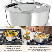 Sartén de chef Premier de 2.5 Qt con tapa, de acero inoxidable de 5 capas pulido, tecnología de calor, apto para inducción y horno a 500°F, color plateado - Cacerola de 2.5 cuartos con tapa + Olla de 2.5 cuartos con tapa - Ver 1