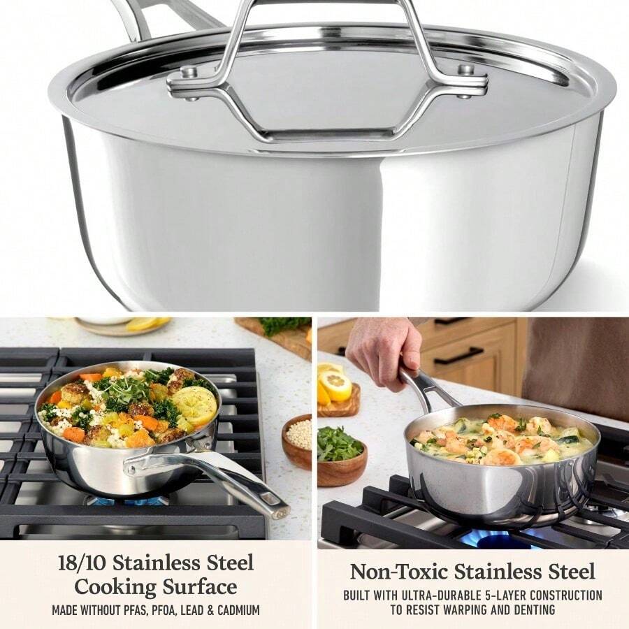 Sartén de chef Premier de 2.5 Qt con tapa, de acero inoxidable de 5 capas pulido, tecnología de calor, apto para inducción y horno a 500°F, color plateado - Cacerola de 2.5 cuartos con tapa + Olla de 2.5 cuartos con tapa - Ver 1
