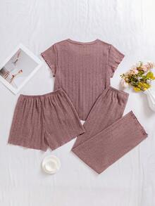 Bộ đồ mặc nhà 3 món dành cho nữ - Áo thun tay ngắn dệt kim gân, quần short và quần dài có dây rút, trang phục nhẹ nhàng thời trang xuân/hè - Đỏ - Xem 2