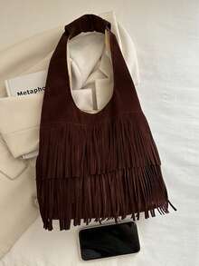 Bolso de mano casual y retro de gran capacidad con flecos de gamuza para mujeres, nueva bolsa de cubo versátil de un solo hombro para 2025, unicolor - Café - Ver 3