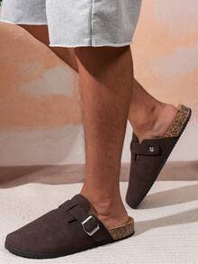 Men's Black Faux PU Leather Adjustable Strap Slippers With Gold-Tone Hardware, Comfortable For Indoor/Outdoor Wear, Round Toe With Rubber Sole, Suitable For Casual, Office, Beach And More Occasions - Dark Brown - View 5