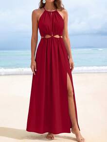 Women Summer Sleeveless Halter Dress Hollow Out Cutout Slit Flowy Long Dress Bohemian Party Cocktail Beach Holiday Vacation Boho Valentine Maxi Dress Sundress Outfits - 紅色 - 查看 3