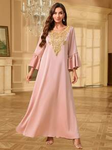 Non-Positioning Flower Lantern Sleeve Applique Arabic Dress - Pink - View 5
