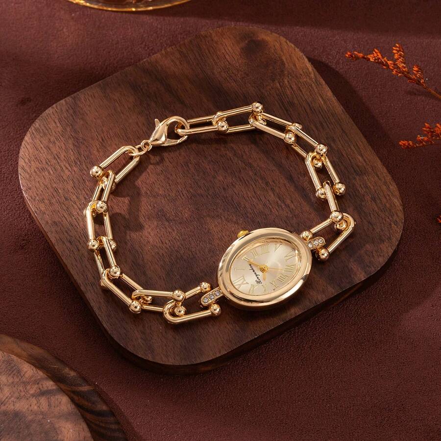 xinyunkou 玫瑰金椭圆形表盘手链腕表，回形针链石英表，时尚女士珠宝腕表