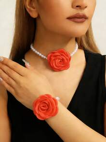 2pcs/Set Elegant Faux Rose Flower & Pearl Necklace Bracelet Jewelry Set, Suitable For Women's Daily Wear And Dates, Gift For Valentine's Day, Mother's Day, Birthday - Multicolor - View 6