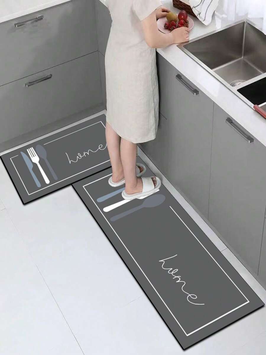 1件装硅胶厨房垫，带叉子、勺子、刀子图案，简约设计，并印有手写“家”字样，奢华厨房装饰垫，缓冲防疲劳厨房地毯，表面织物材质，中间海绵吸水材质，底部橡胶材质，易于清洁，厚度约3.5毫米。