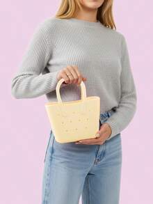 Women's Double Handle Hole Tote Bag - Soft Silicone Storage Bags Colorful Cute DIY Handbag For Girls Gift & Everyday Carry - 米色 - 查看 3