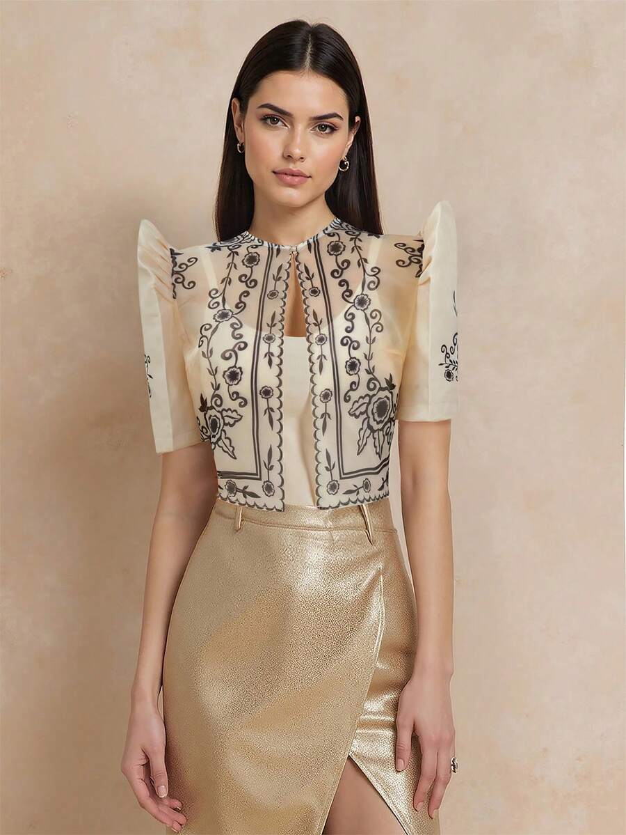 Amyenjoylife 现代菲律宾风情衬衫，蝴蝶袖菲律宾风情衬衫，女士优雅花卉蕾丝泡泡袖圆领短款开衫，女士菲律宾风情披肩 - 香檳色 - 查看 1