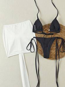 Bộ bikini 3 mảnh màu đen trắng thanh lịch, gợi cảm, thường ngày, dành cho mùa xuân/hè, thích hợp cho bãi biển, kỳ nghỉ, tiệc tùng và hẹn hò. - Đen và trắng - Xem 4
