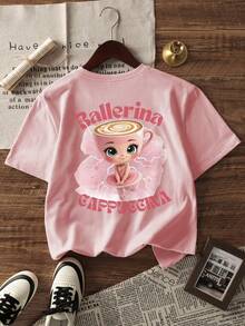 1件女童休闲印花圆领短袖T恤，夏季学生童装 - 这款印有山海经人物图案的T恤，为每个孩子带来欢乐和幸福！芭蕾舞演员卡布奇娜 - 粉色 - 查看 3