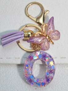 Chaveiro com inicial (1 unidade), pingente de floco de neve em resina, acessório decorativo para bolsas femininas, pingente de borboleta, presente. - Roxa - Ver 25