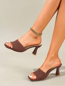 Women's Chunky High Heel Sandals, Summer, Solid Color, Open Toe, Slip-On, Suitable For Ladies High Heel Slippers - Brown - View 2
