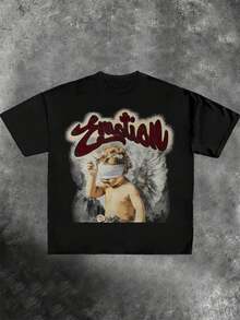 Plus Size Men, Brown T-Shirt With "Emotion" And Blindfolded Angel Graphic, 100% Cotton Print Casual Round Neck Short Sleeve T - Shirt, Halloween Gift, Summer, Unisex - 黑色 - 查看 1