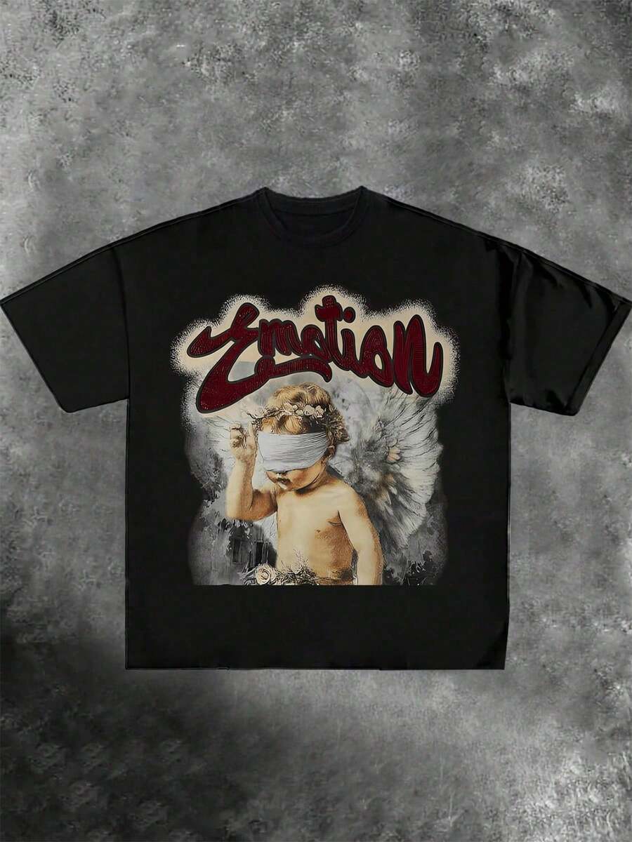 Plus Size Men, Brown T-Shirt With "Emotion" And Blindfolded Angel Graphic, 100% Cotton Print Casual Round Neck Short Sleeve T - Shirt, Halloween Gift, Summer, Unisex - 黑色 - 查看 1