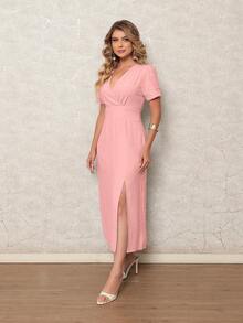 ONLYONE - Elegant Women's Midi Dress With V-Neck Wrap Detail And Side Slit - Women's Party Dresses - 淺粉色 - 查看 2