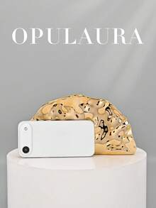 OpulAura 复古贝壳纹理金属手拿包，闪亮金色派对礼服配饰，不对称设计，磁扣闭合，完美适用于派对、婚礼、舞会、盛大晚宴。适合女性在生日派对、婚礼和舞会等场合使用，配有可拆卸链条肩带。 - 金色 - 查看 4